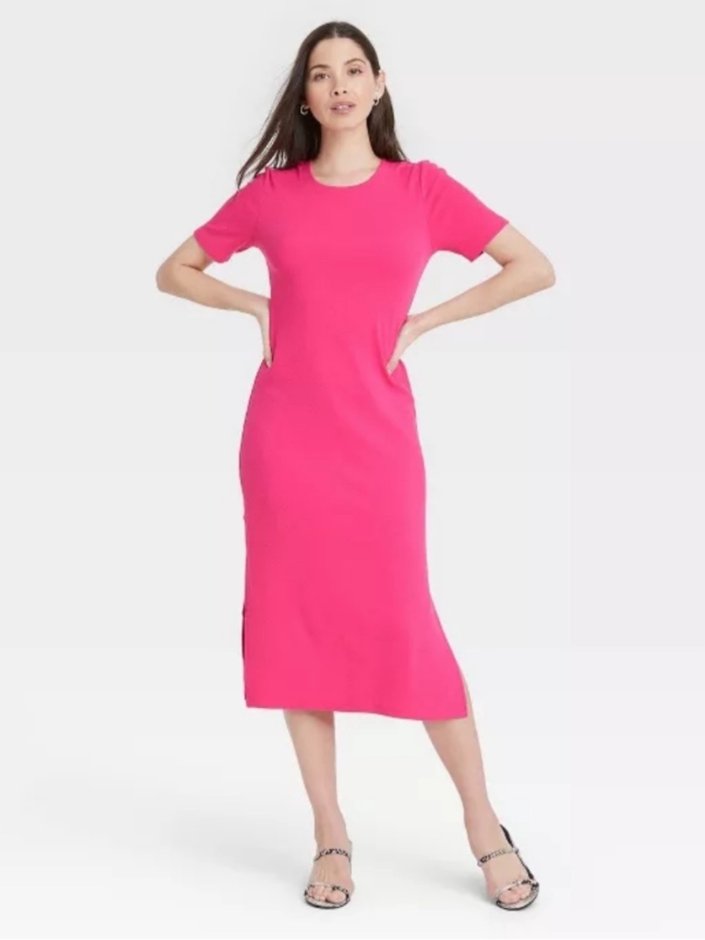 a new day - Ribbed Short Sleeve T-Shirt Dress in Hot Pink
